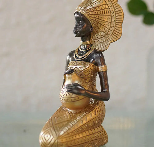 African Woman Resin Statue | Tribal Lady Figurine in Black & Gold for Living Room & Home Decor