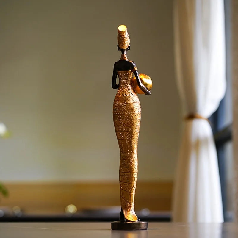 Retro African Women Holding Pottery Pot Resin Figurine | Painted Statue for Home, Bedroom & Desktop Decor