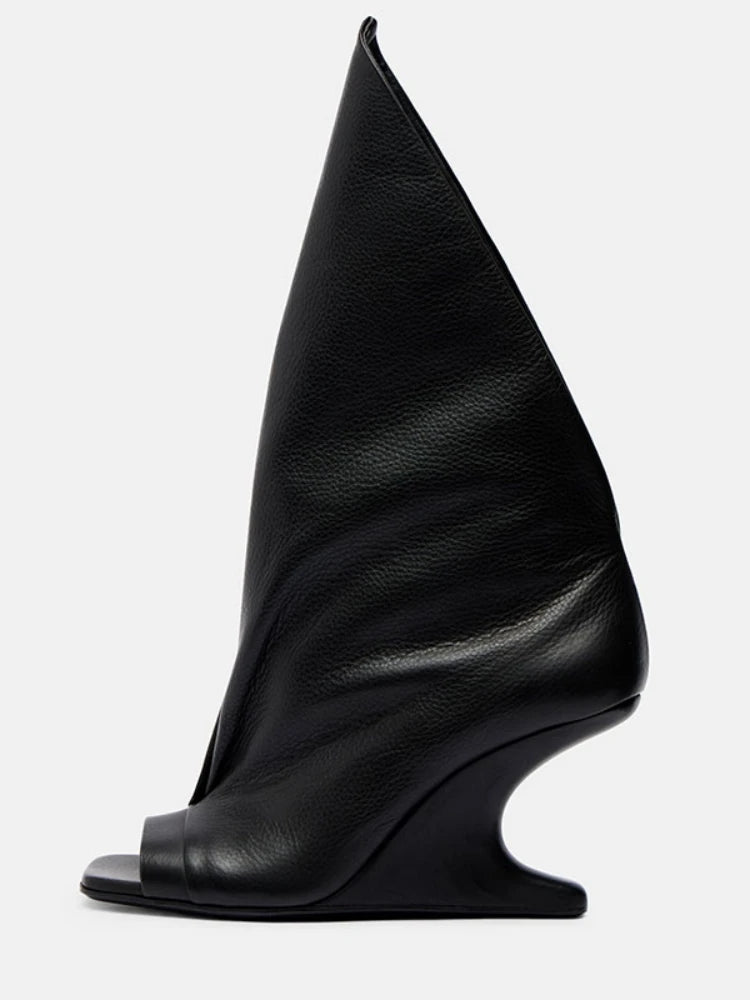 Women's Peep Toe Wedge Boot — Cross Strap, High Heel, Mid-Calf