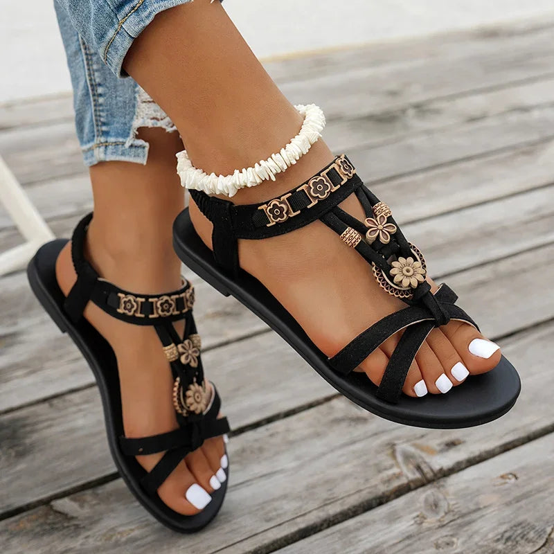 FBA Women's Flower Beaded Bohemian Flat Sandals | Roman Style Beach Shoes