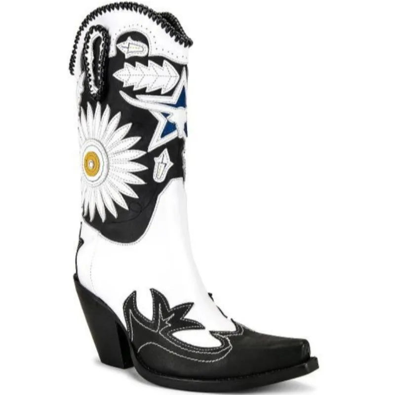 Women's Sunflower Embroidered Western Cowboy Mid-Calf Boot