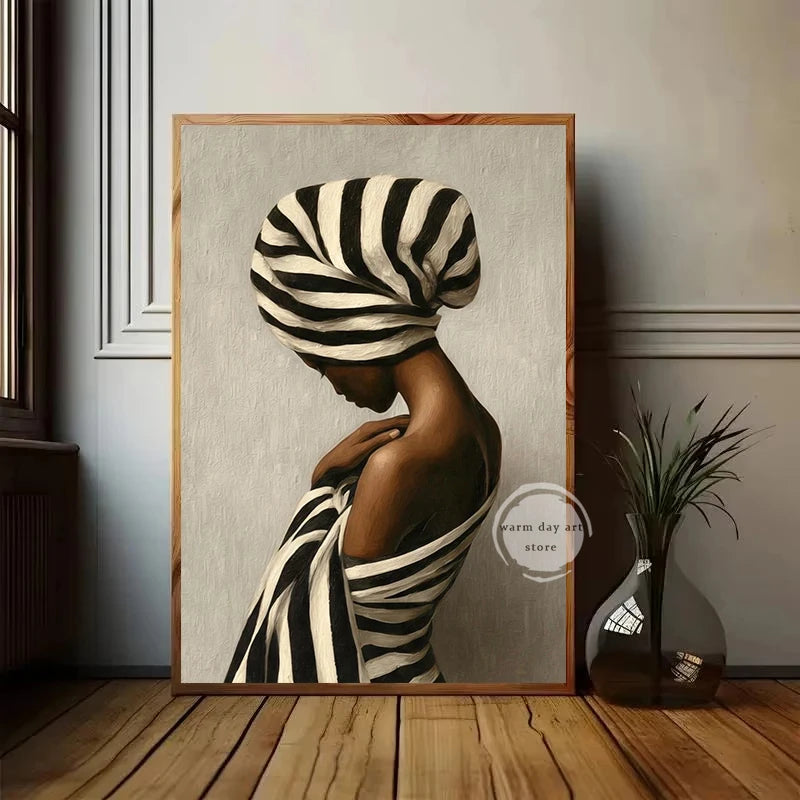 Abstract African Woman Black & White Stripes Canvas Print | Neutral Wall Art