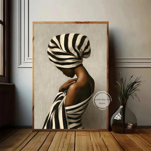 Abstract African Woman Black & White Stripes Canvas Print | Neutral Wall Art