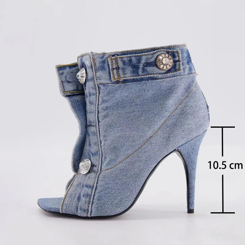 Women's Denim Peep Toe Ankle Boot — Square Toe, Ultra-High Heel, Button Detail