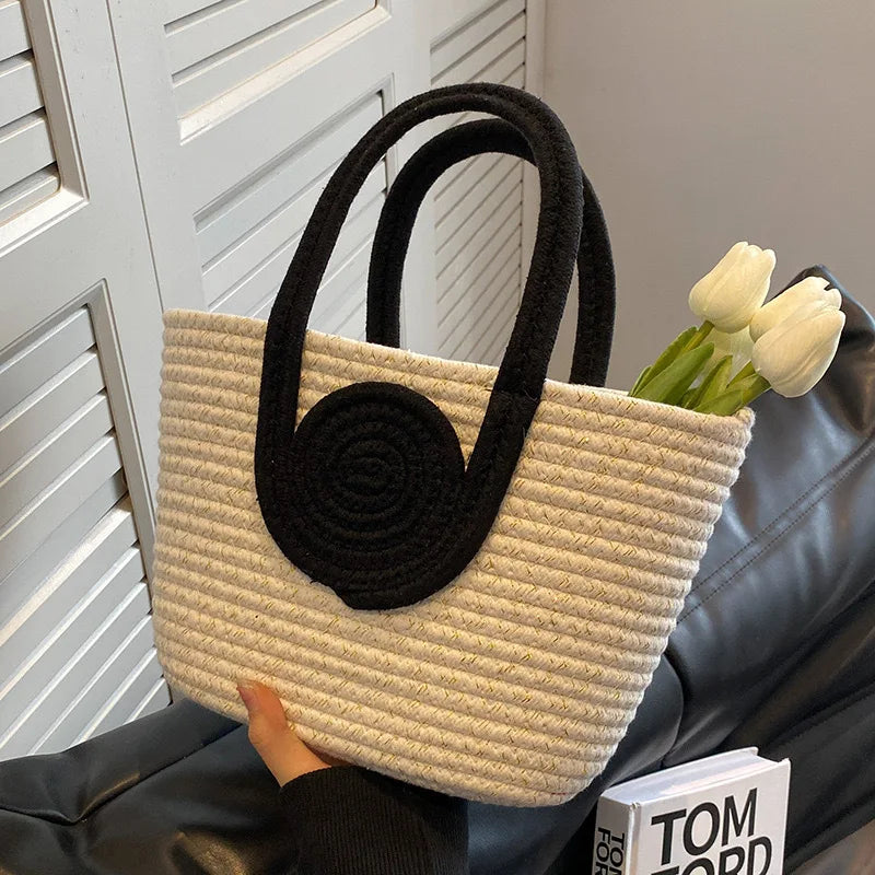 Cotton Rope Grass Woven Crossbody Tote Bag – Eco-Friendly Travel Vacation Handbag for Women