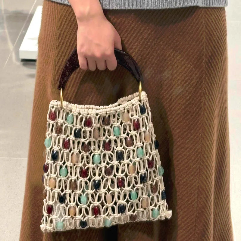 Hand-Woven Beaded Tote Bag with Wooden Handle – Boho Hollow-Out Knitted Beach Handbag