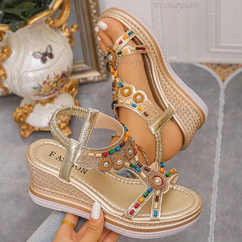 FBA Women's Beaded Bohemian Platform Sandals | Open-Toe Beach Shoes