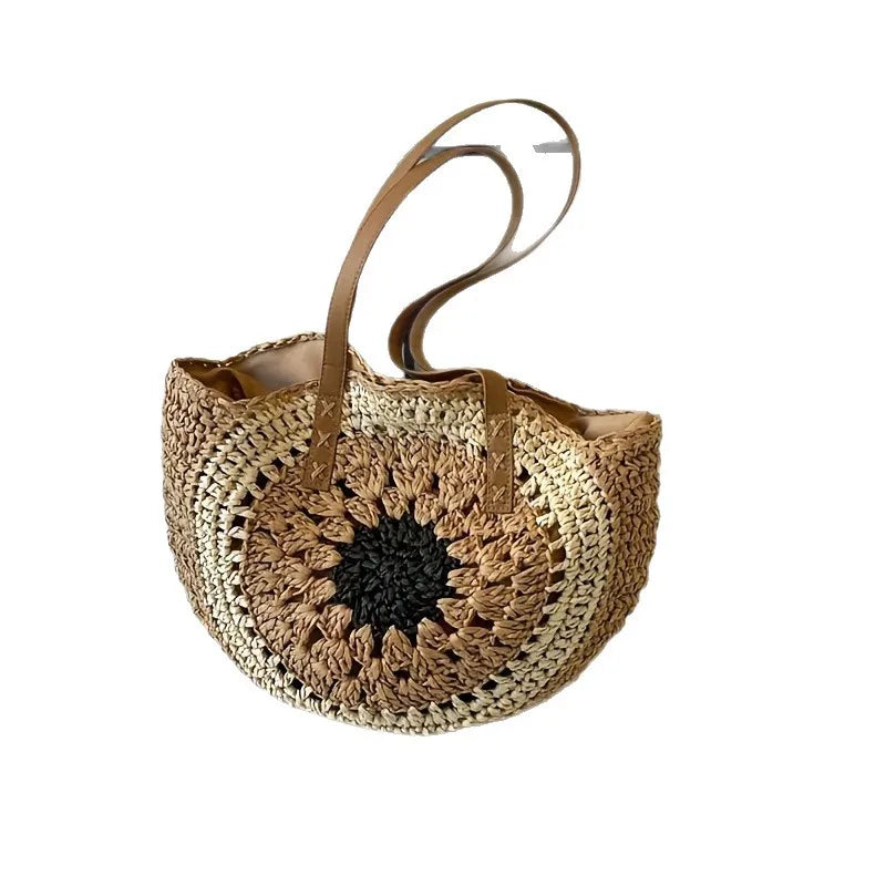 Handwoven Summer Round Straw Bag – Bohemian Beach Vacation Basket Tote for Women