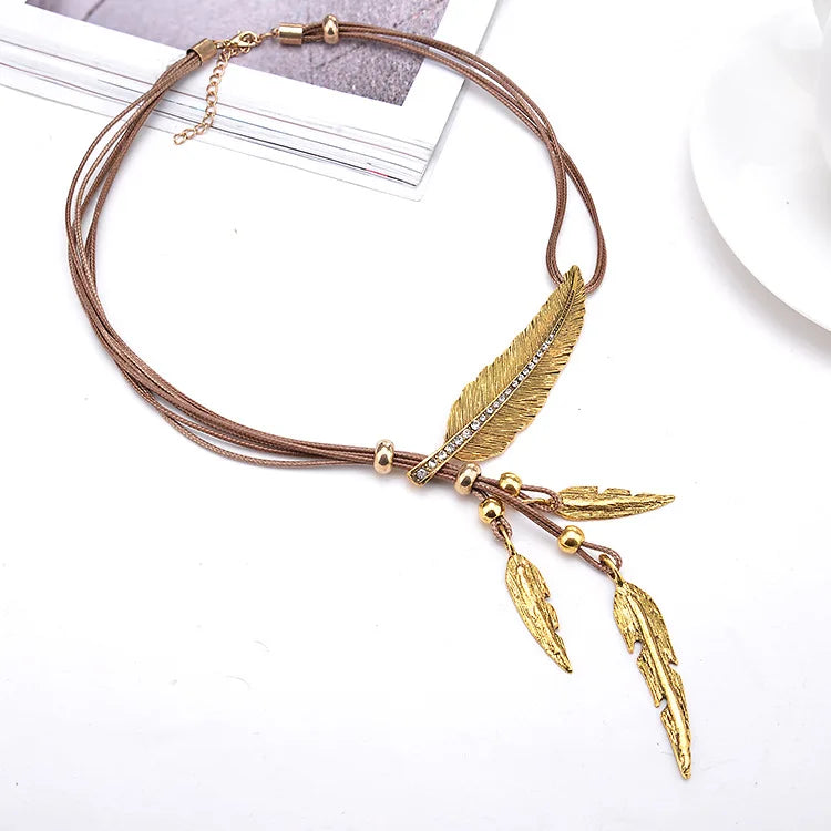 FBA Feather Rhinestone Tassel Necklace | Silver Leather Rope Jewelry