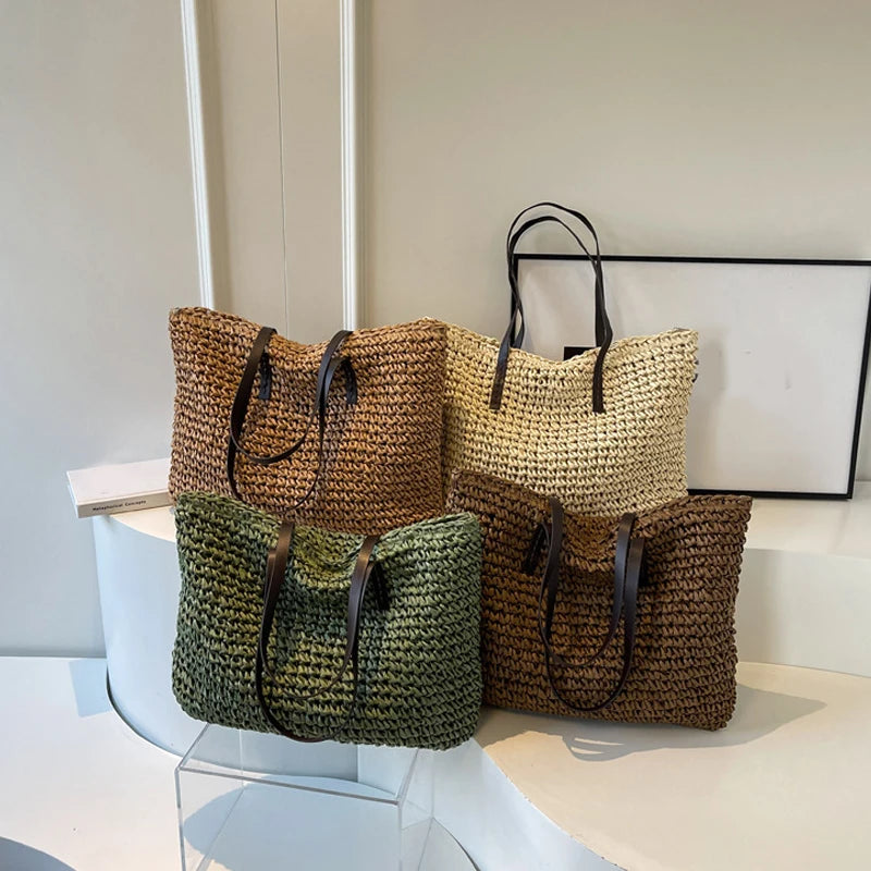 Straw Woven Casual Tote Bag for Women – Large Capacity Bohemian Beach Shoulder Handbag