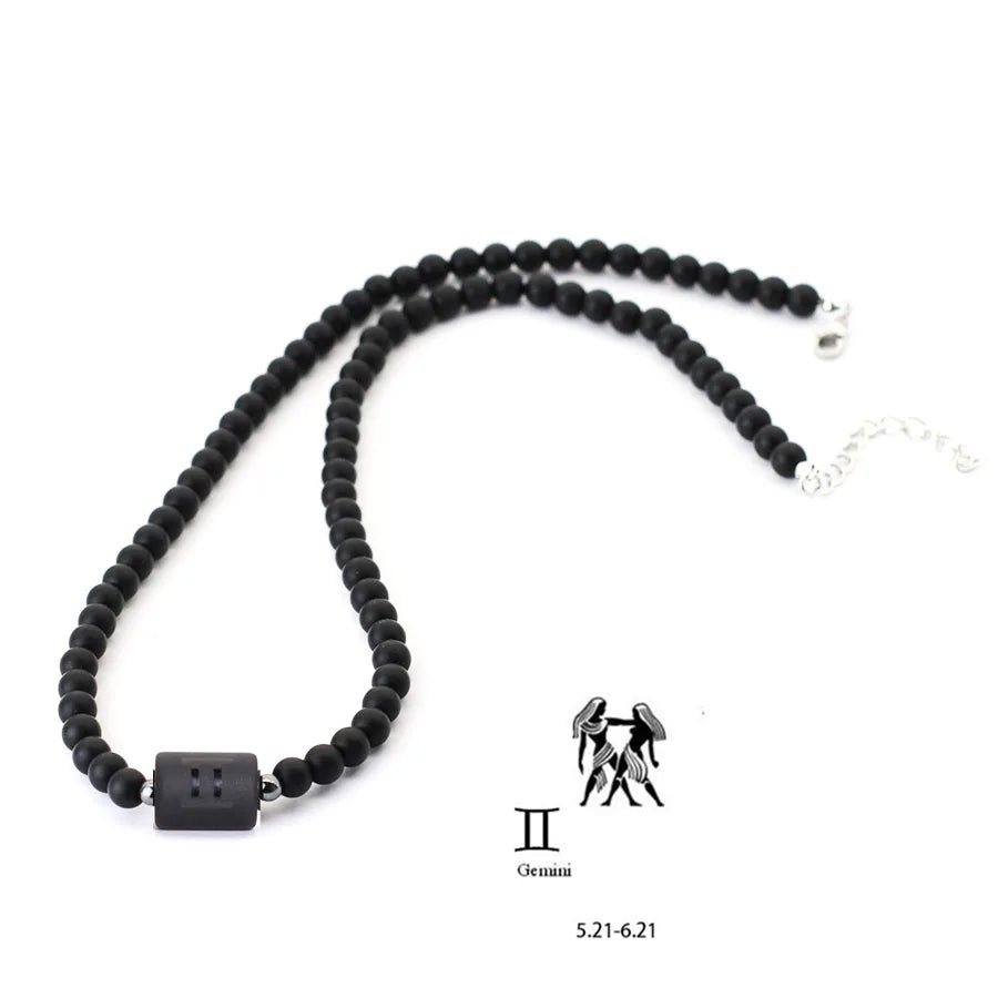 FBA 12 Constellations Black Onyx Beaded Necklace | Men's Jewelry