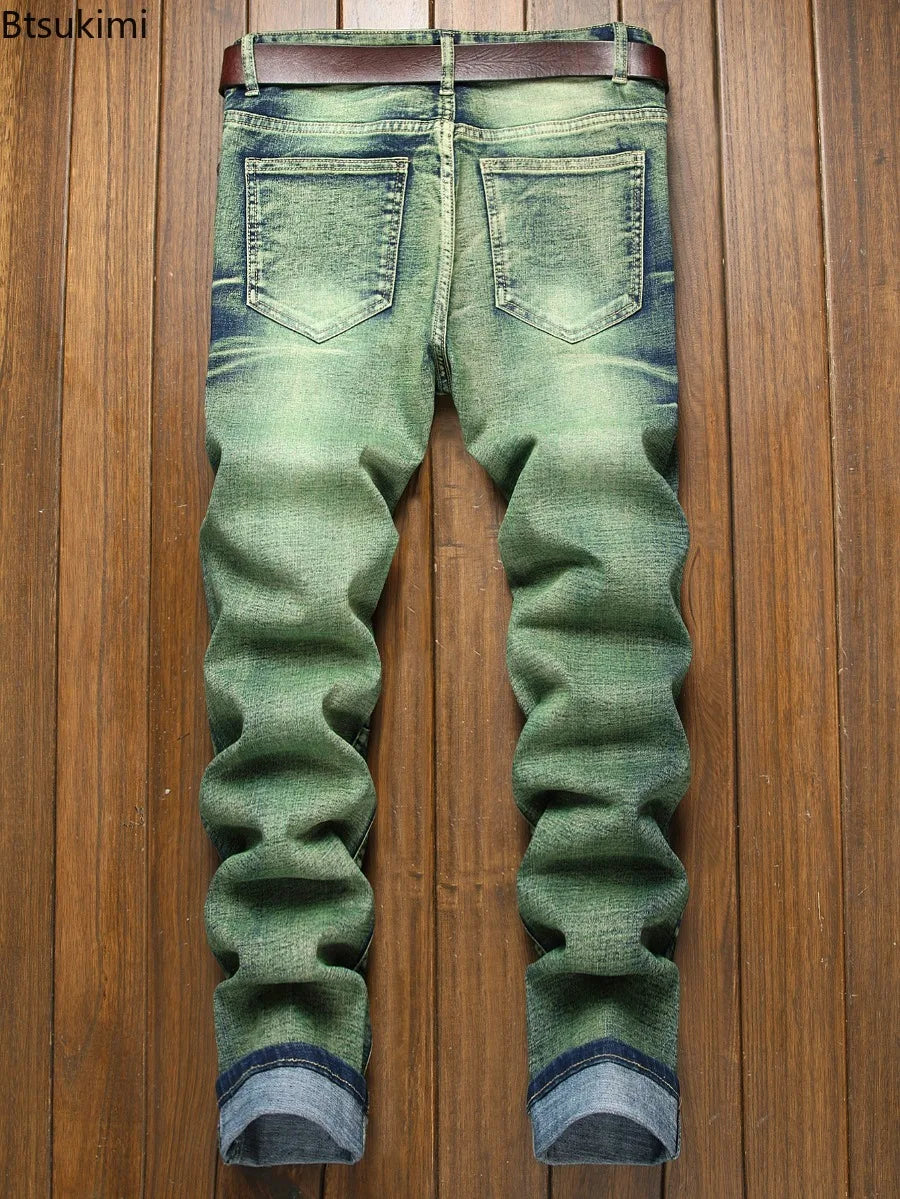 Men's Retro Hip Hop Slim Fit Patchwork Motorcycle Jeans – Pencil Trousers Distressed Streetwear Denim | Green | W28–W42 | FBA Vibes
