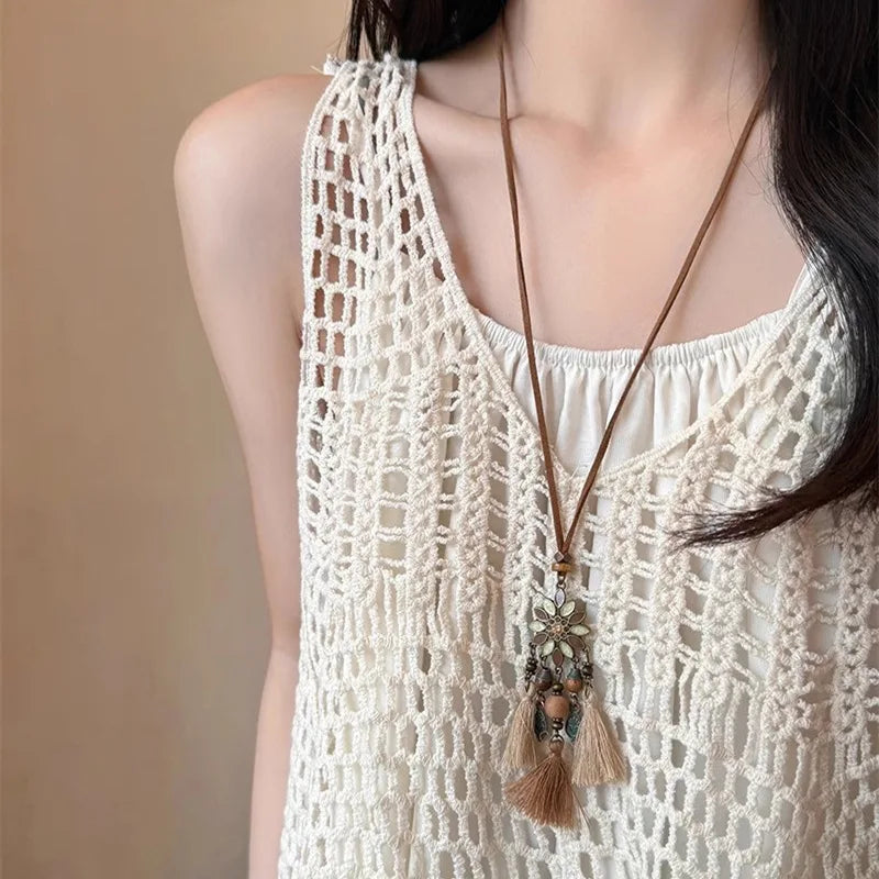 FBA Star Feather Leather Pendant Necklace | Retro Art Jewelry