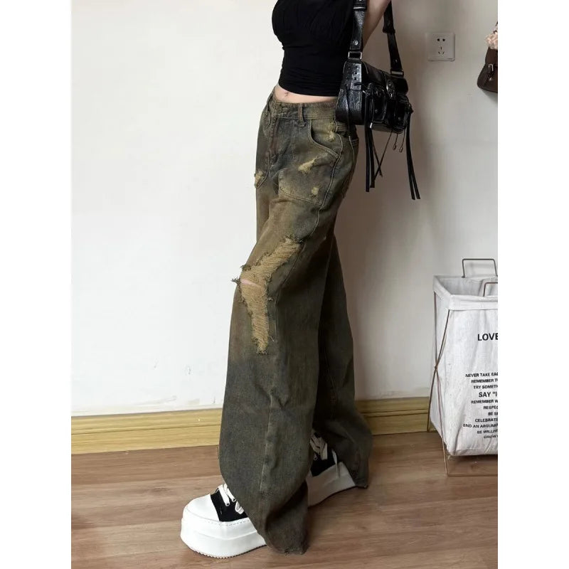 Women's American Retro High Waist Ripped Hole Wide-Leg Straight Jeans – Tie-Dye Loose Casual Denim | Retro Blue | XS–XL | FBA Vibes