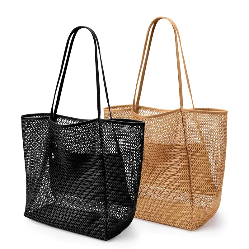 Women's Large Capacity Polyester Woven Beach Tote Bag – Durable Open Top Shoulder Bag for Travel & Shopping