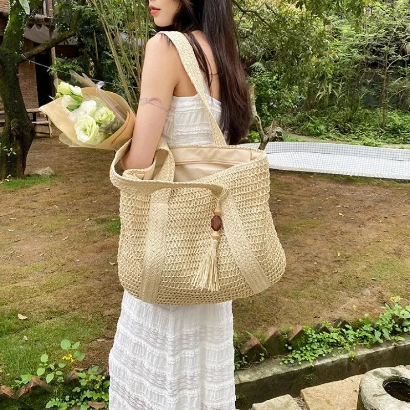 Elegant Straw Woven Tote Bag for Women – Retro Beach & Commuter Shoulder Handbag