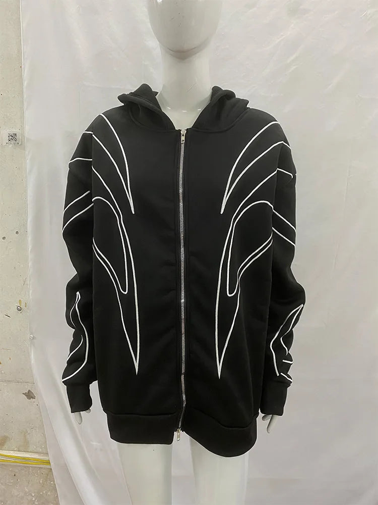 Women's Street Retro Striped Embroidered Oversized Hoodie – Y2K Hip Hop Punk Double Zipper Sweatshirt | Black | S–XL | FBA Vibes