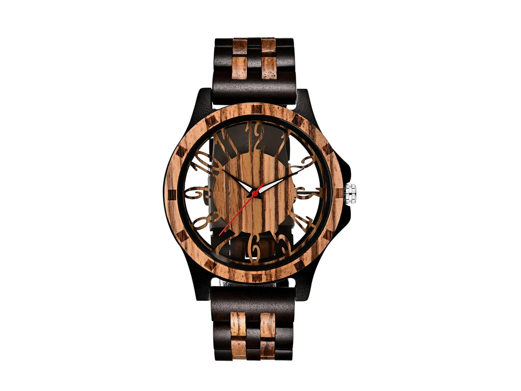 FBA Men's Natural Zebra Wood Watch | Hollow Dial Vintage Quartz Wristwatch