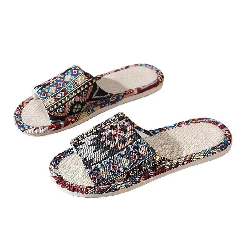 FBA Ethnic Linen Flip Flops | Unisex Retro Beach Sandals