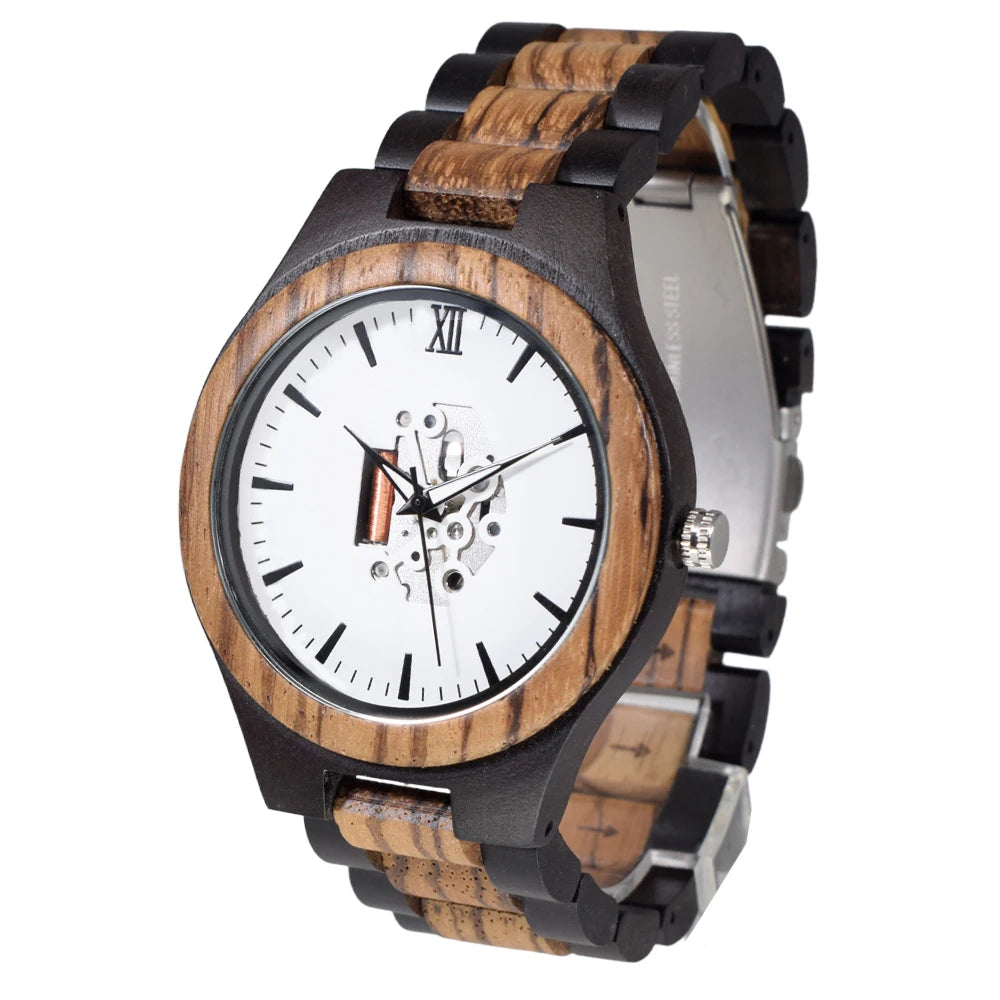 FBA Men's Zebra Wood Hollow-Out Watch | Luminous Vintage Quartz Wristwatch