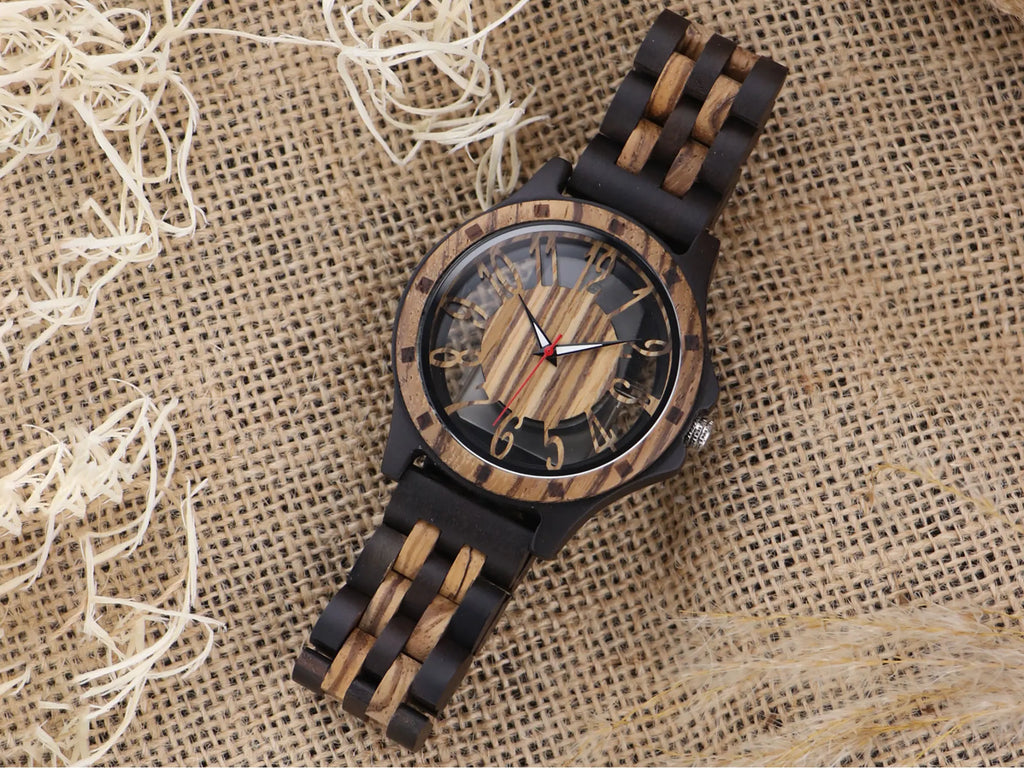 FBA Men's Natural Zebra Wood Watch | Hollow Dial Vintage Quartz Wristwatch
