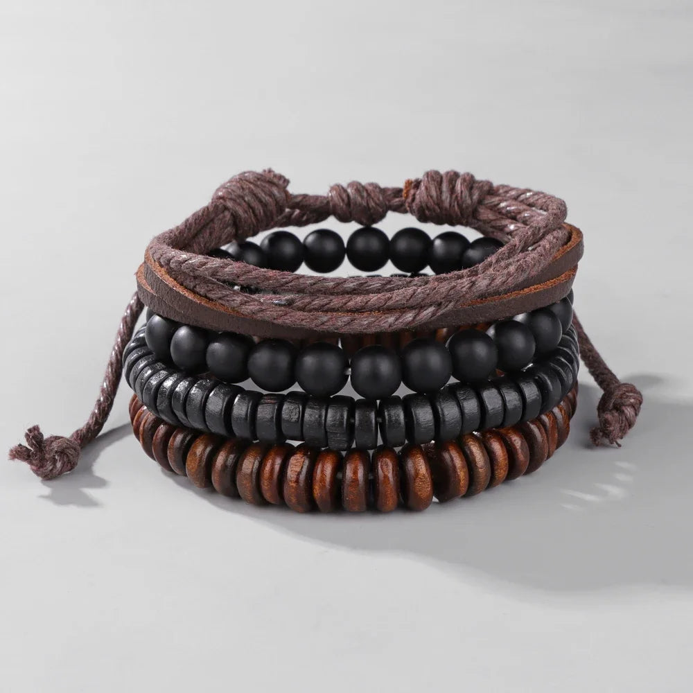 FBA Black Skull Beaded Leather Bracelet for Men | Buddhist Punk Jewelry