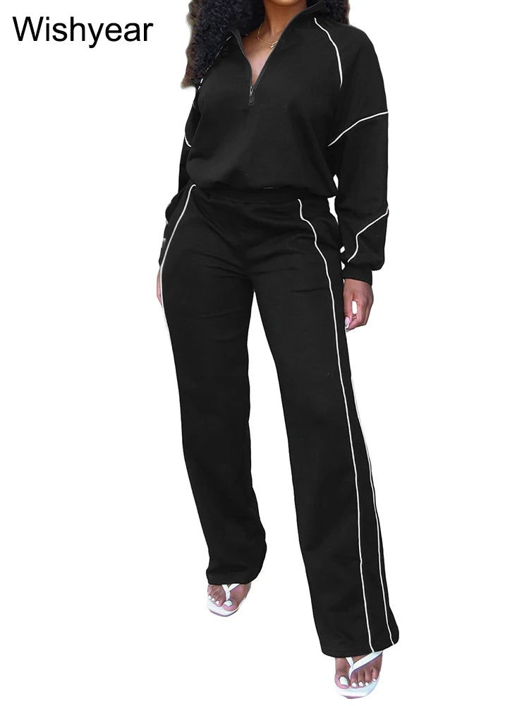 Women's 2-Piece Striped Sport Set – Zip Sweatshirt & Wide-Leg Pants | FBA Vibes