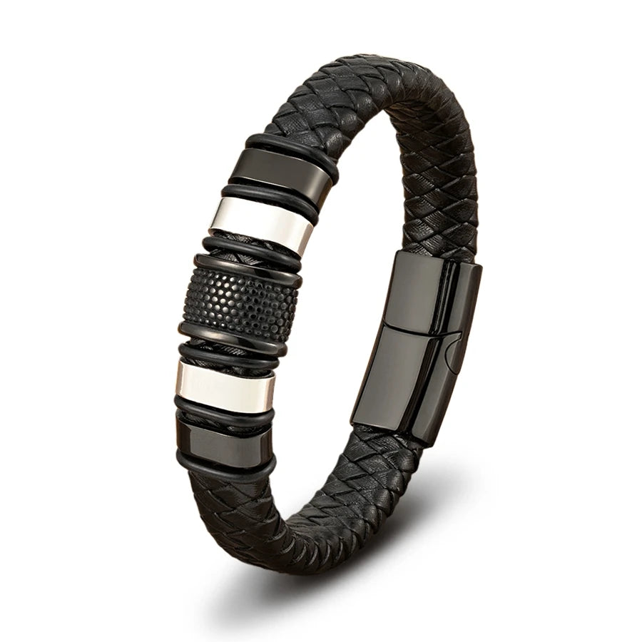 FBA Men's Stainless Steel Beaded Leather Rope Bracelet | Charm Jewelry Gift