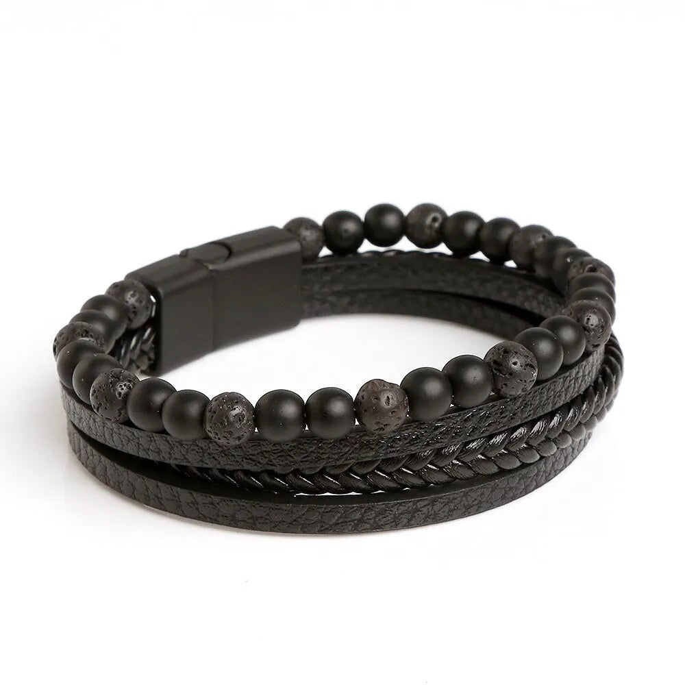FBA Men's Tiger Eye Beaded Leather Bracelet | Multilayer Jewelry Gift