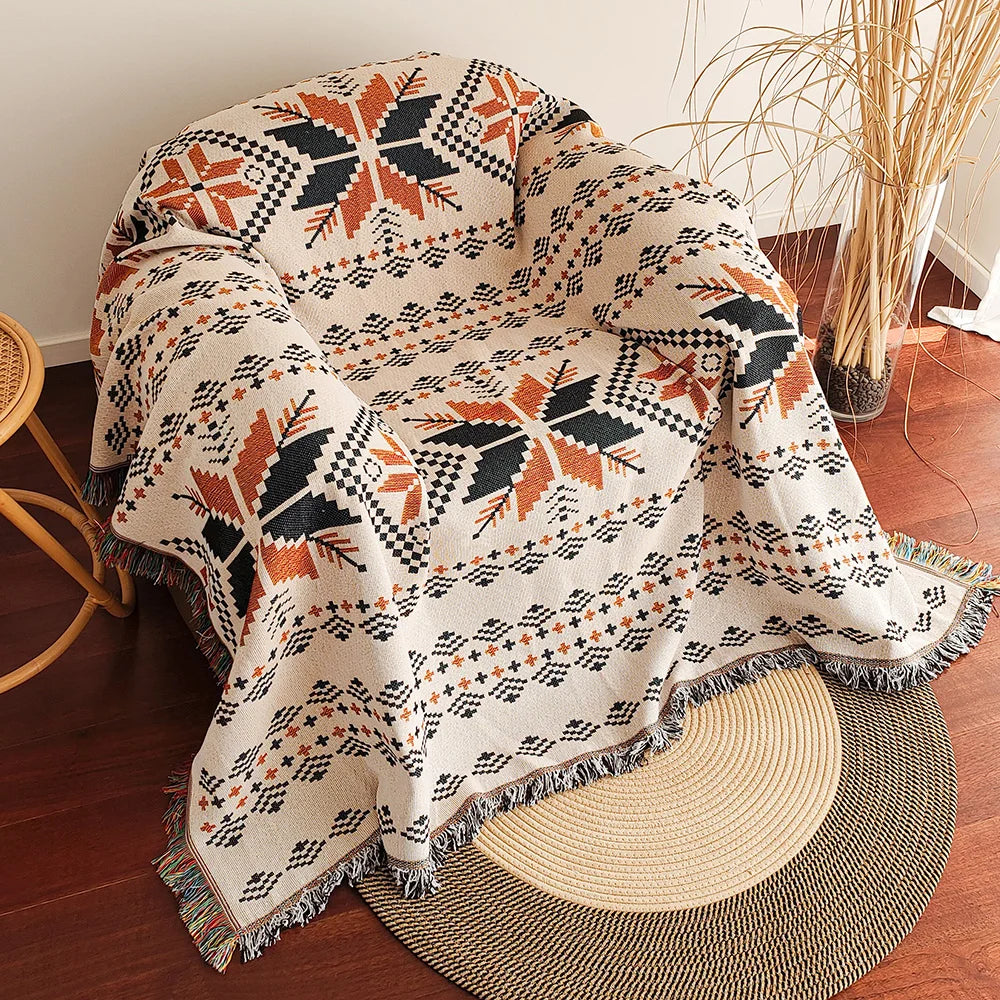 Aztec Boho Fringe Throw Blanket – Jacquard Woven | FBA Vibes