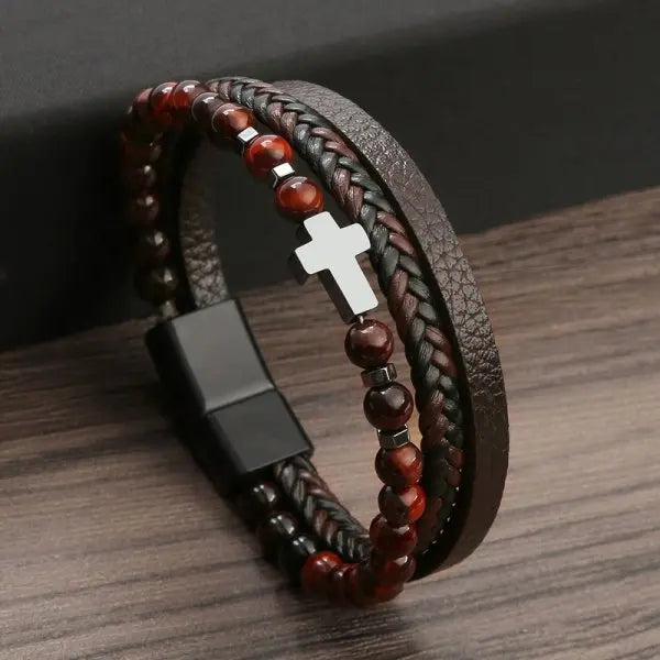FBA Prayer Rosary Cross Natural Stone Leather Bracelet | Yoga Meditation Jewelry