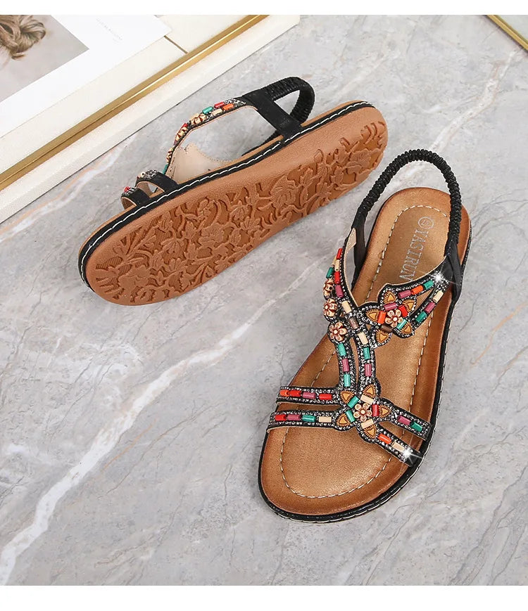 FBA Women's Rhinestone Bohemian Hollow Flat Sandals | Summer Casual Shoes