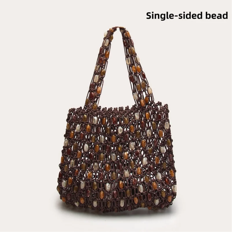 Hand-Woven Beaded Tote Bag with Wooden Handle – Boho Hollow-Out Knitted Beach Handbag