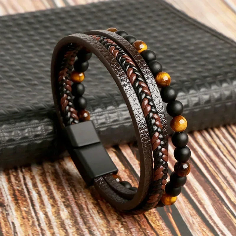 FBA Men's Tiger Eye Multilayer Leather Bracelet | Classic Fashion Jewelry