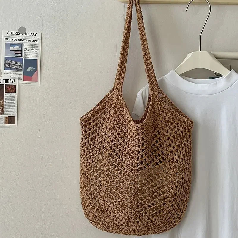 Women's Casual Large Capacity Woven Open-Top Beach Tote – Breathable Adjustable Strap Shoulder Bag