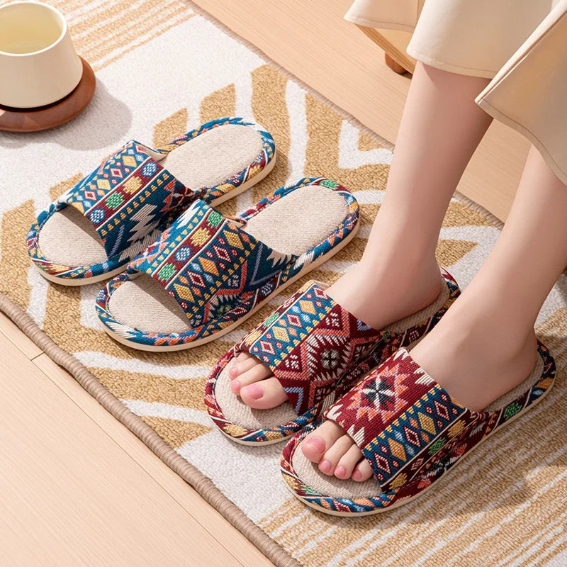 FBA Ethnic Linen Flip Flops | Unisex Retro Beach Sandals