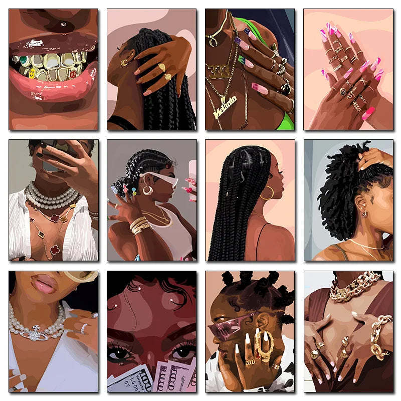 Hip Hop Black Girl Gold Jewelry Canvas Print | Afro Woman Wall Art