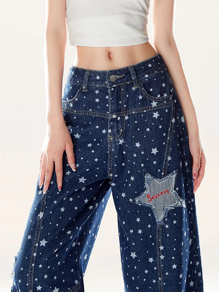 Women's American Hip Hop Stars Print High Waist Wide-Leg Jeans – Y2K Harajuku Vintage Streetwear Denim | Blue | S–XXL | FBA Vibes