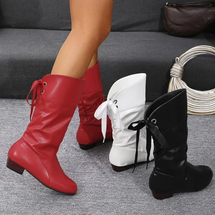 Women's Pleated PU Leather Mid-Calf Zip Boot with Square Heel