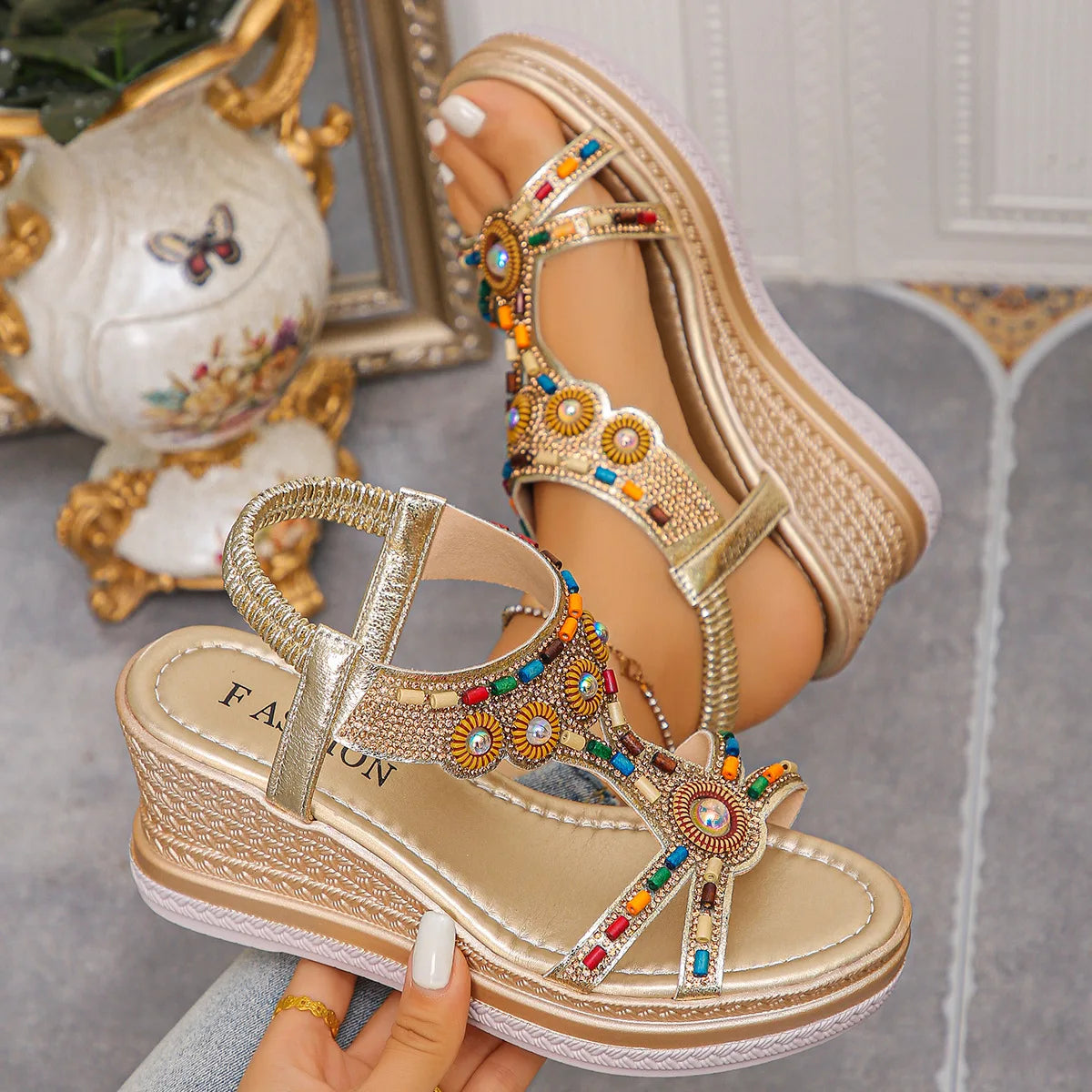 FBA Women's Beaded Bohemian Platform Sandals | Open-Toe Beach Shoes