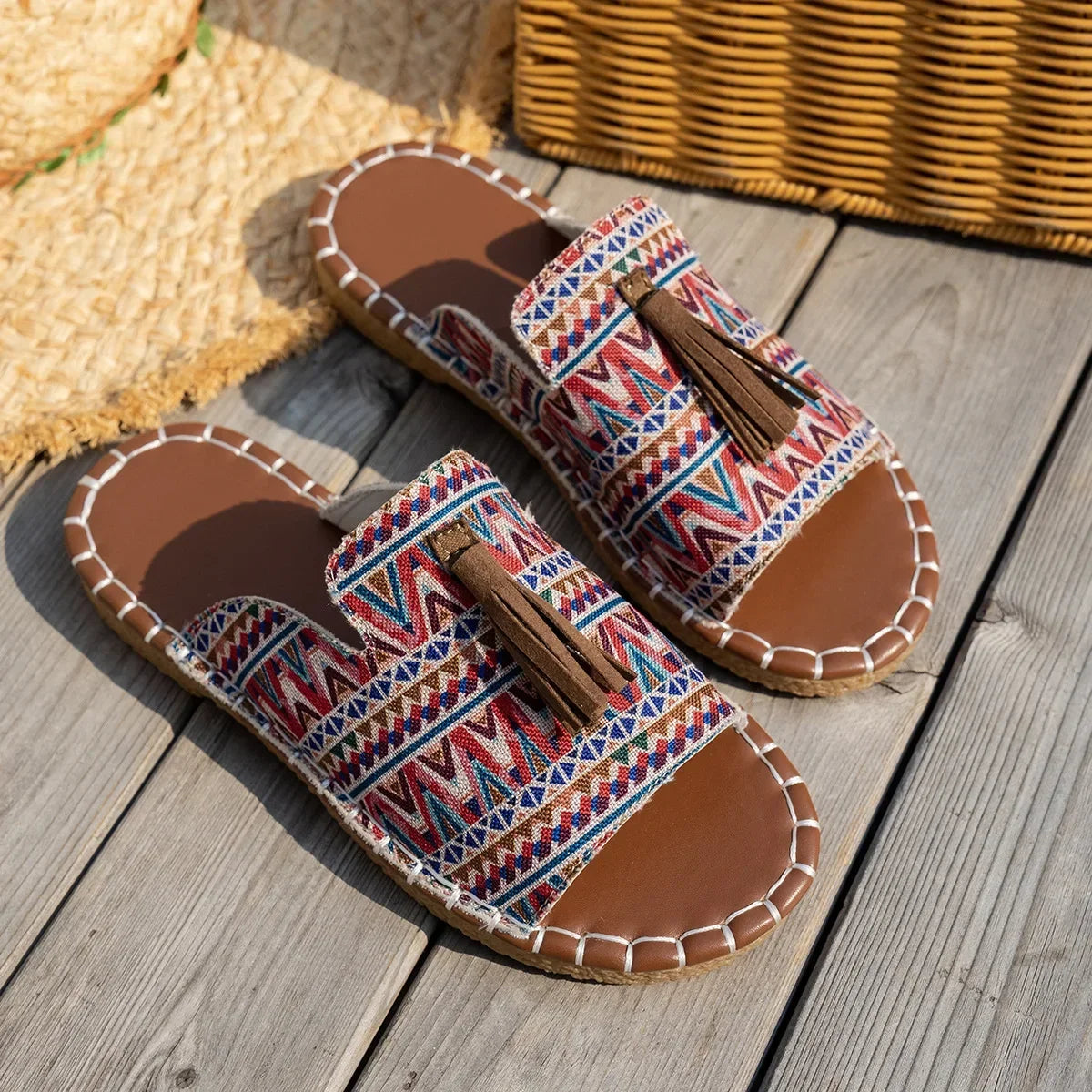 FBA Women's Bohemian Tassel Beach Slippers | Plus Size Flat Sandals