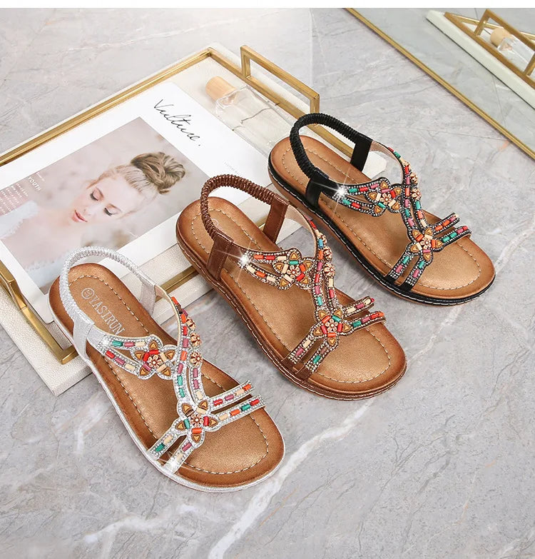 FBA Women's Rhinestone Bohemian Hollow Flat Sandals | Summer Casual Shoes