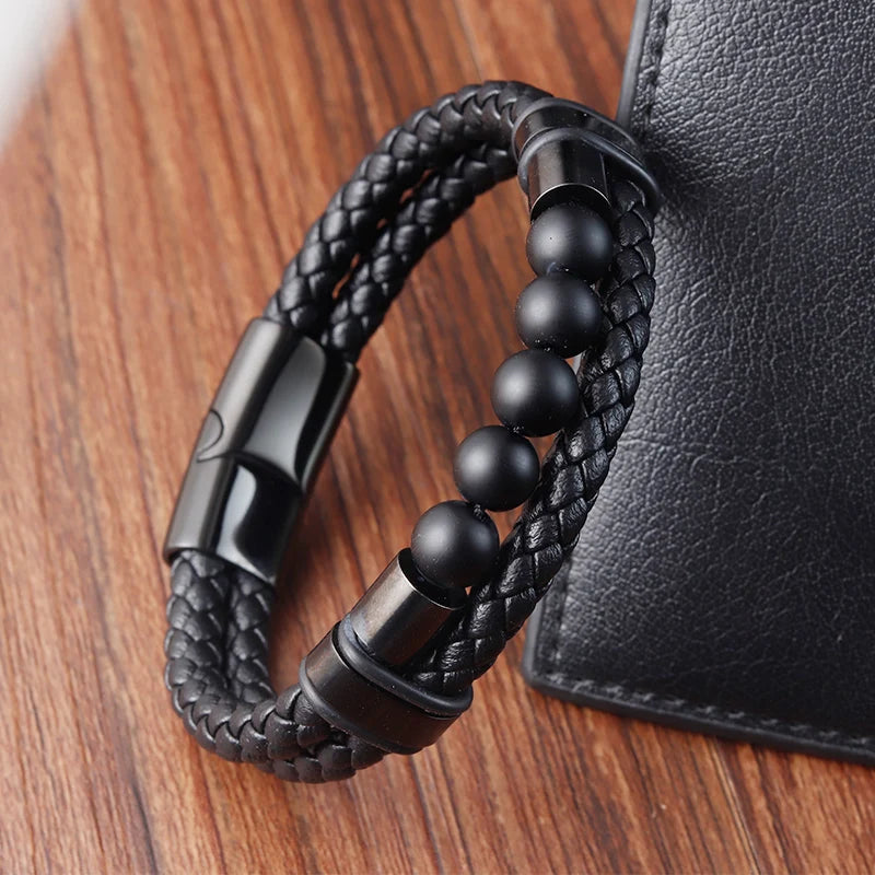FBA Men's Beaded Leather Magnetic Clasp Bracelet | Natural Stone Jewelry