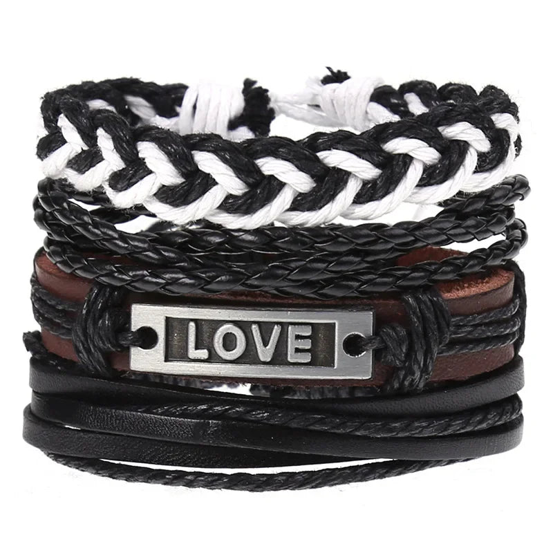 FBA 4-Piece Braided Leather Ethnic Wristband Set | Hope Believe Bracelet