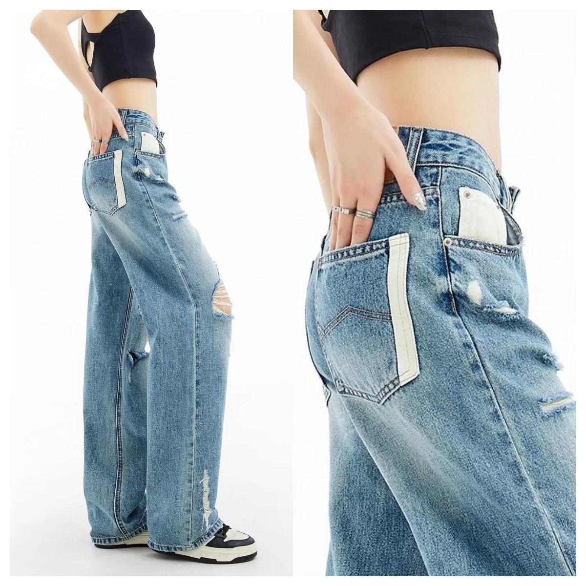 Women's American Retro Y2K Ripped Straight-Leg Jeans – Loose Casual Distressed Denim | Retro Blue | S–XL | FBA Vibes