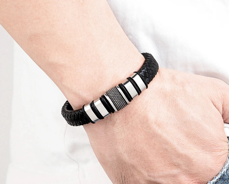 FBA Men's Stainless Steel Beaded Leather Rope Bracelet | Charm Jewelry Gift