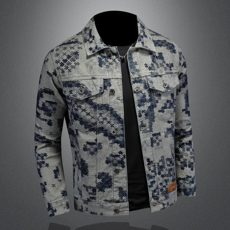 Men's Retro Jacquard Denim Jacket – Hip Hop Cowboy Streetwear Coat | Dark Grey | M–4XL | FBA Vibes
