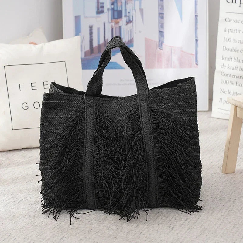 Handmade Raffia Straw Tote Bag with Tassel for Women – Large Capacity Bohemian Beach Bag