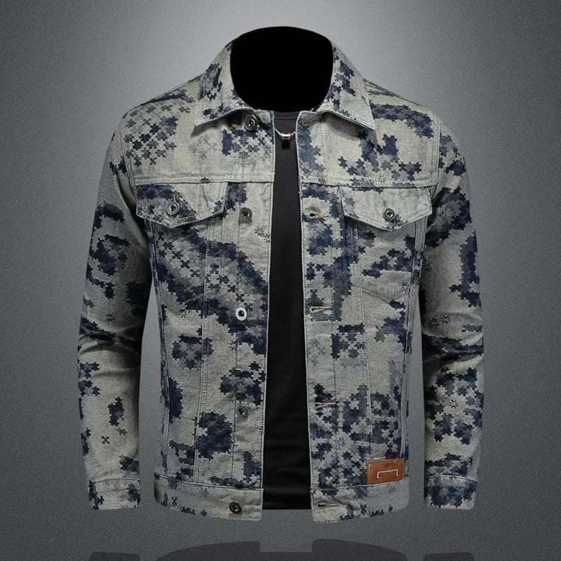 Men's Retro Jacquard Denim Jacket – Hip Hop Cowboy Streetwear Coat | Dark Grey | M–4XL | FBA Vibes