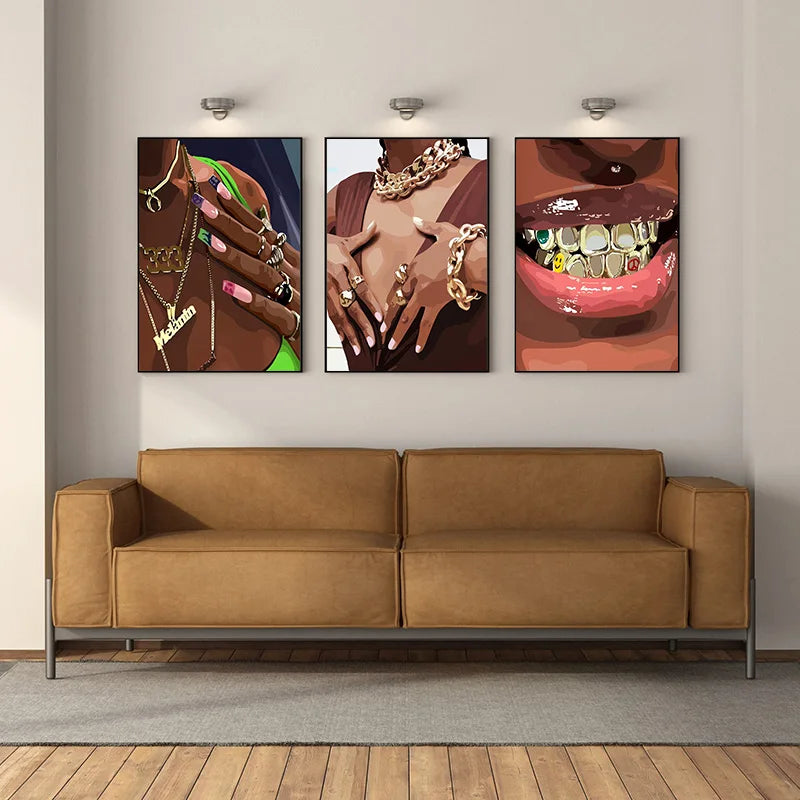 Hip Hop Black Girl Gold Jewelry Canvas Print | Afro Woman Wall Art